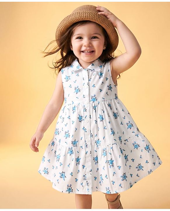 Babyhug Twill Woven One Piece Dress with Sleeveless and Floral Print - White