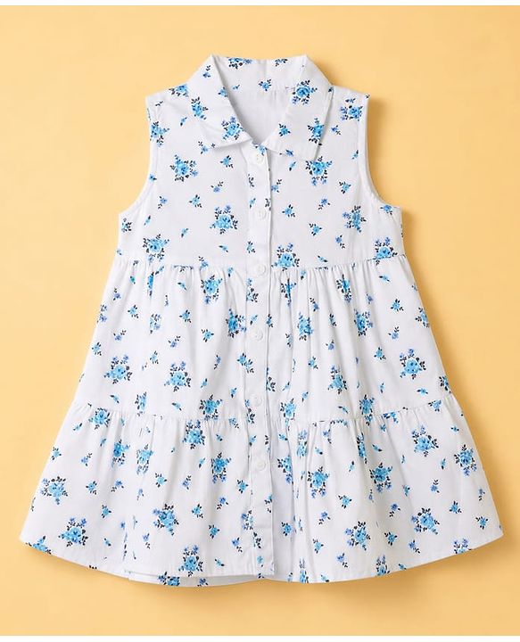 Babyhug Twill Woven One Piece Dress with Sleeveless and Floral Print - White