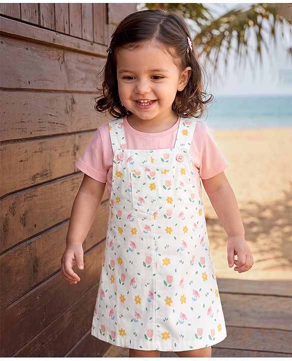 Babyhug Twill Woven Frock and Tee with Half Sleeves and Floral Print - White
