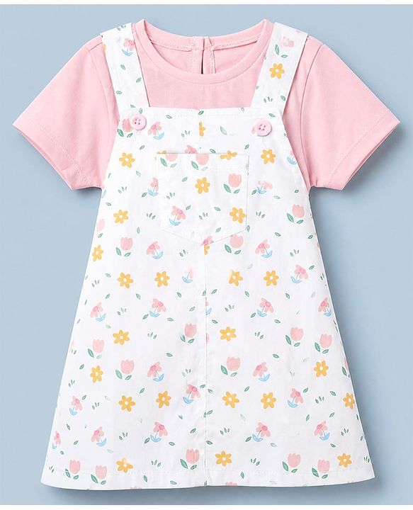 Babyhug Twill Woven Frock and Tee with Half Sleeves and Floral Print - White