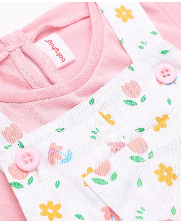 Babyhug Twill Woven Frock and Tee with Half Sleeves and Floral Print - White
