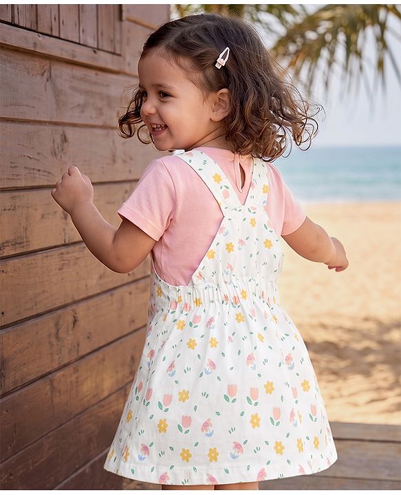 Babyhug Twill Woven Frock and Tee with Half Sleeves and Floral Print - White