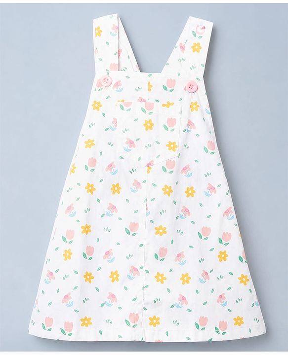 Babyhug Twill Woven Frock and Tee with Half Sleeves and Floral Print - White