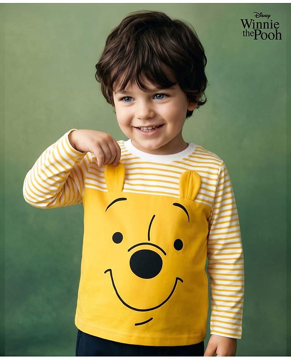Babyhug Disney Cotton Knit Striped T-Shirt with Full Sleeves and Winnie The Pooh Print - Yellow