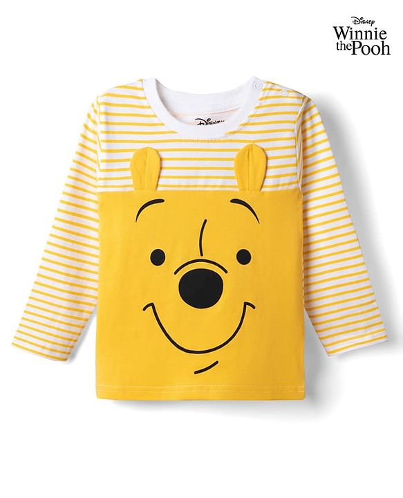 Babyhug Disney Cotton Knit Striped T-Shirt with Full Sleeves and Winnie The Pooh Print - Yellow