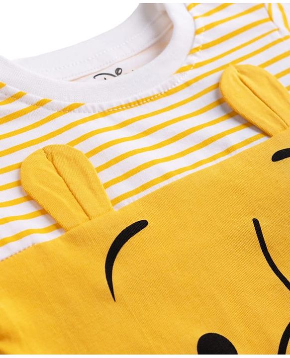 Babyhug Disney Cotton Knit Striped T-Shirt with Full Sleeves and Winnie The Pooh Print - Yellow