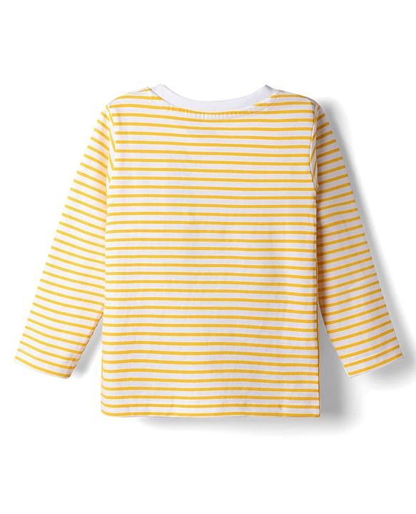 Babyhug Disney Cotton Knit Striped T-Shirt with Full Sleeves and Winnie The Pooh Print - Yellow