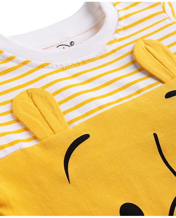 Babyhug Disney Cotton Knit Striped T-Shirt with Full Sleeves and Winnie The Pooh Print - Yellow