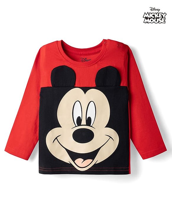 Babyhug Disney Single Jersey Full Sleeves T-shirt With Mickey Mouse Graphic - Red