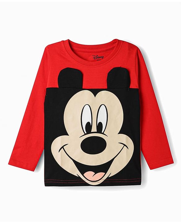 Babyhug Disney Single Jersey Full Sleeves T-shirt With Mickey Mouse Graphic - Red