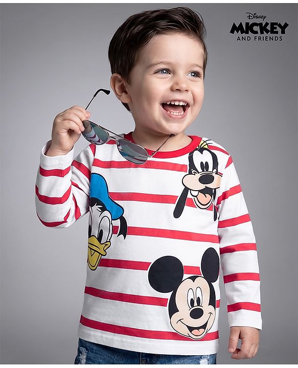 Babyhug Disney Cotton Single Jersey Knit T-Shirt with Full Sleeves and Mickey Mouse and Friends Print - Red