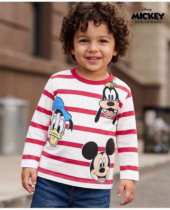 Babyhug Disney Cotton Single Jersey Knit T-Shirt with Full Sleeves and Mickey Mouse and Friends Print - Red