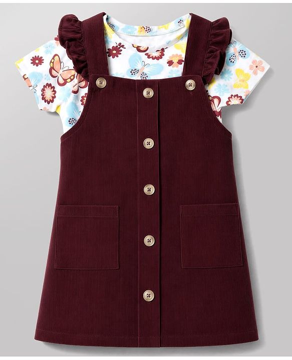 Babyhug Corduroy Woven Frock with Inner Tee with Half Sleeves and Butterfly Print - Maroon