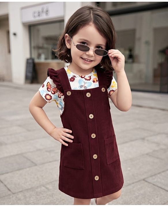 Babyhug Corduroy Woven Frock with Inner Tee with Half Sleeves and Butterfly Print - Maroon