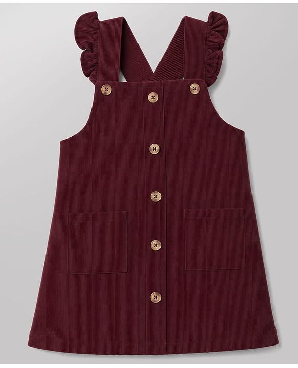 Babyhug Corduroy Woven Frock with Inner Tee with Half Sleeves and Butterfly Print - Maroon
