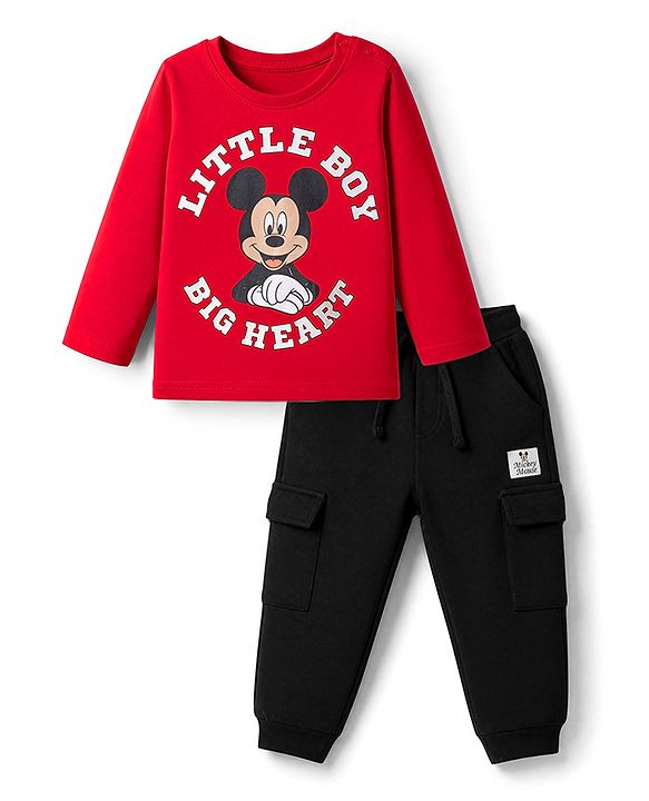 Babyhug Disney Single Jersey Knit Full Sleeves T-Shirt & Joggers Set With Mickey Mouse Graphic - Red