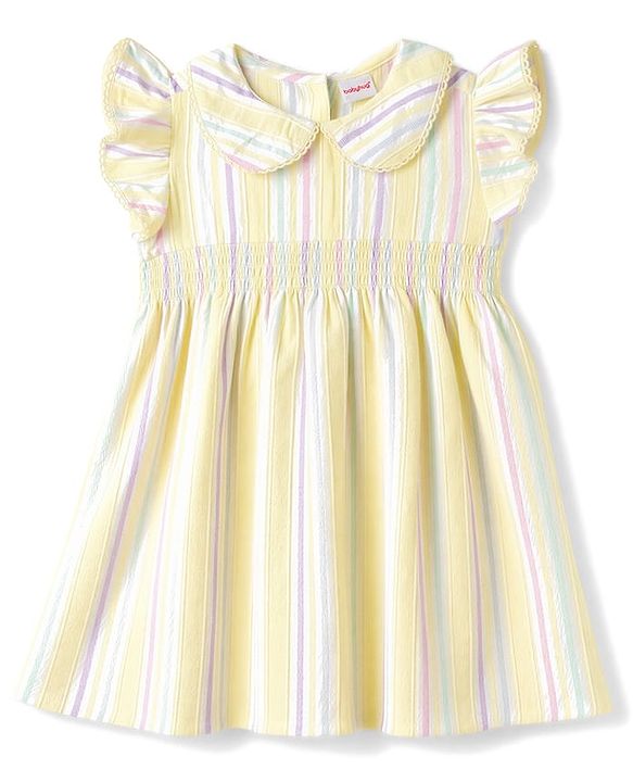 Babyhug Cotton Woven Frill Sleeves Striped One Piece Dresses - Yellow