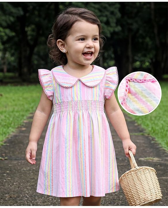Babyhug Woven Frill Sleeves Peter Pan Collared Smocked Striped Frock - Pink