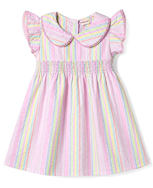 Babyhug Woven Frill Sleeves Peter Pan Collared Smocked Striped Frock - Pink