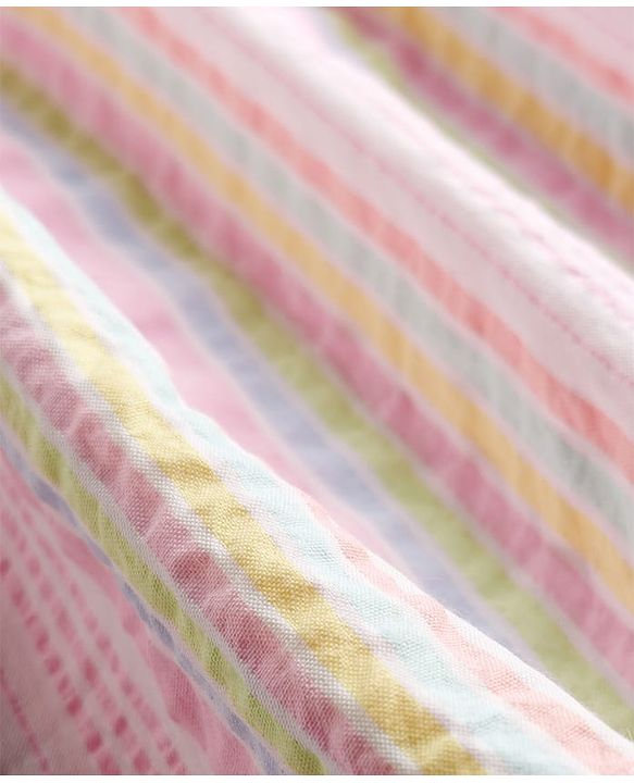 Babyhug Woven Frill Sleeves Peter Pan Collared Smocked Striped Frock - Pink