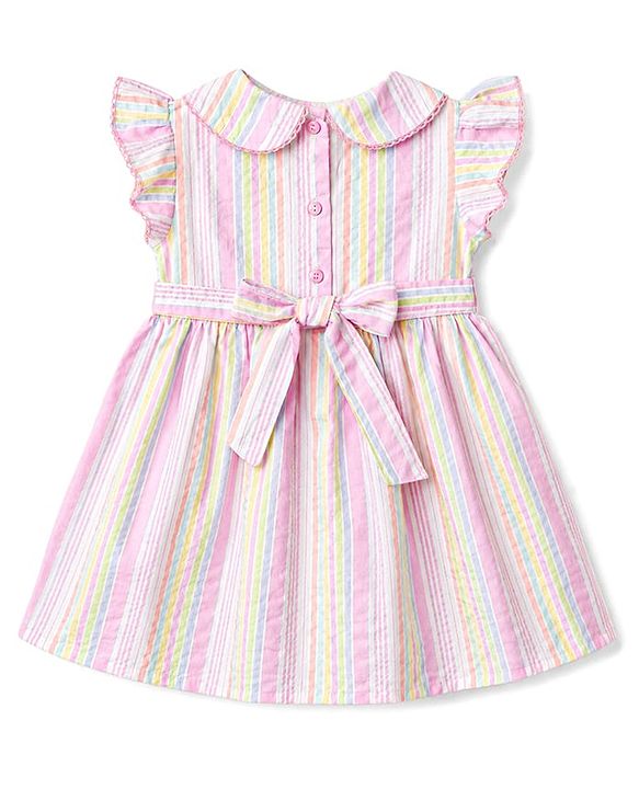 Babyhug Woven Frill Sleeves Peter Pan Collared Smocked Striped Frock - Pink