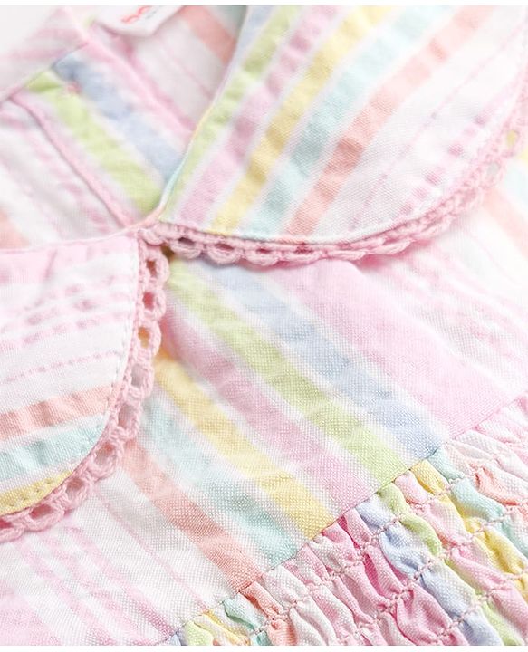 Babyhug Woven Frill Sleeves Peter Pan Collared Smocked Striped Frock - Pink