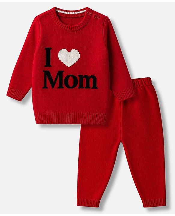 Babyhug Knit Full Sleeves Sweater Set With I Love Mom Design - Red