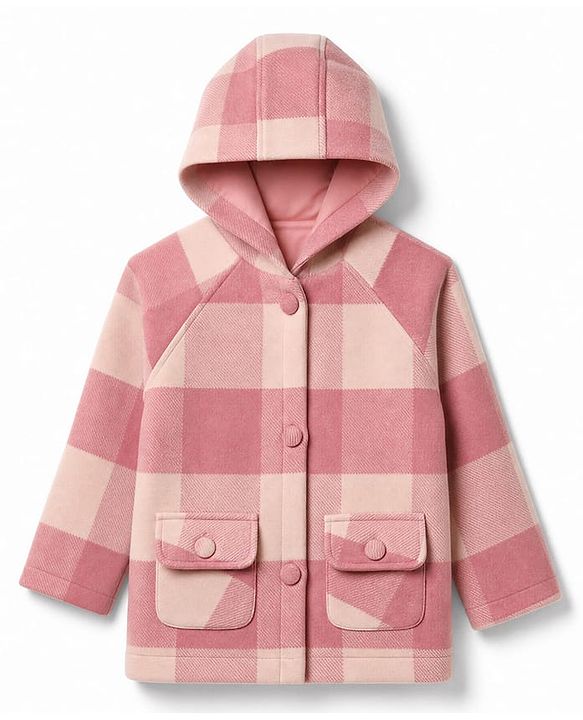 Babyhug Suede Woven Checked Hooded Jacket with Full Sleeves - Pink