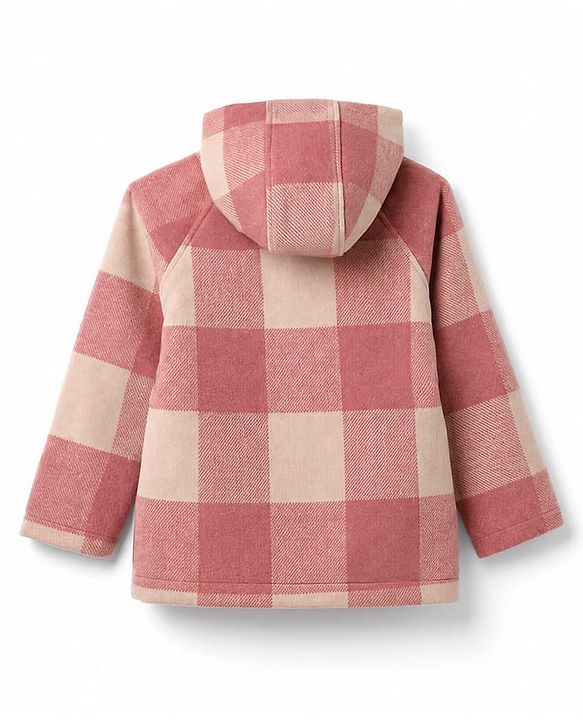 Babyhug Suede Woven Checked Hooded Jacket with Full Sleeves - Pink
