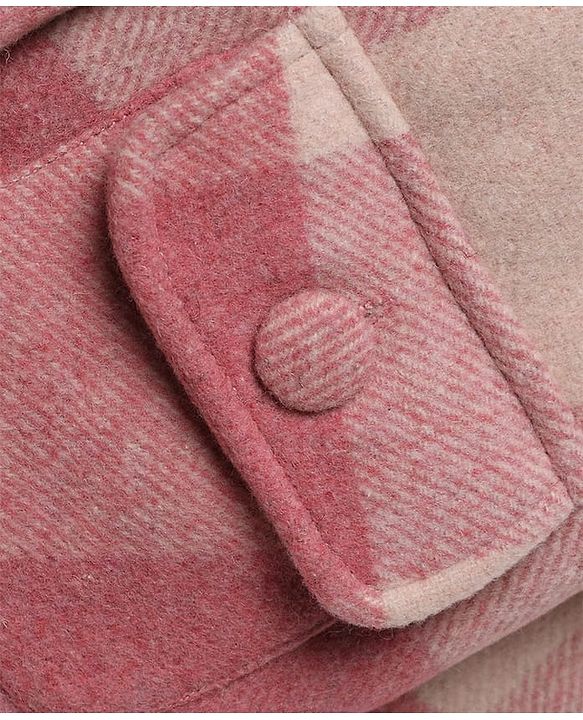 Babyhug Suede Woven Checked Hooded Jacket with Full Sleeves - Pink