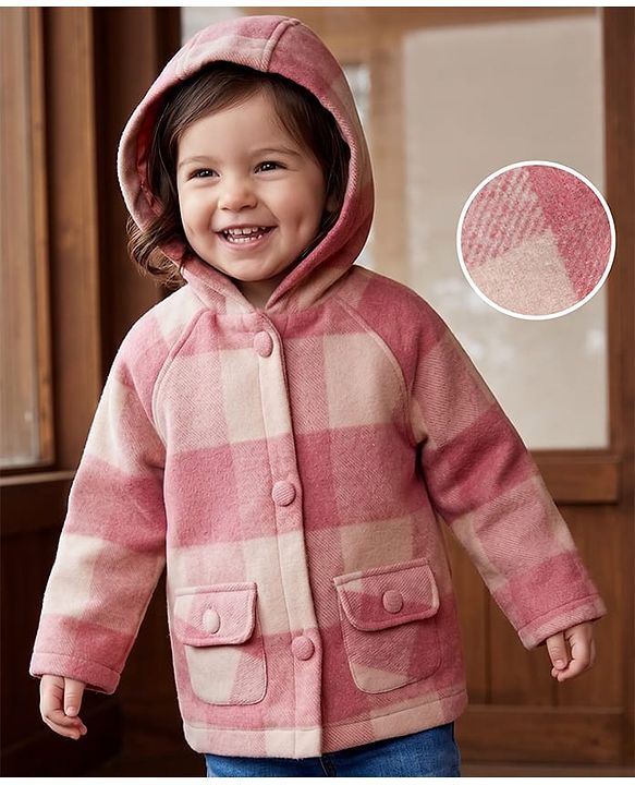 Babyhug Suede Woven Checked Hooded Jacket with Full Sleeves - Pink