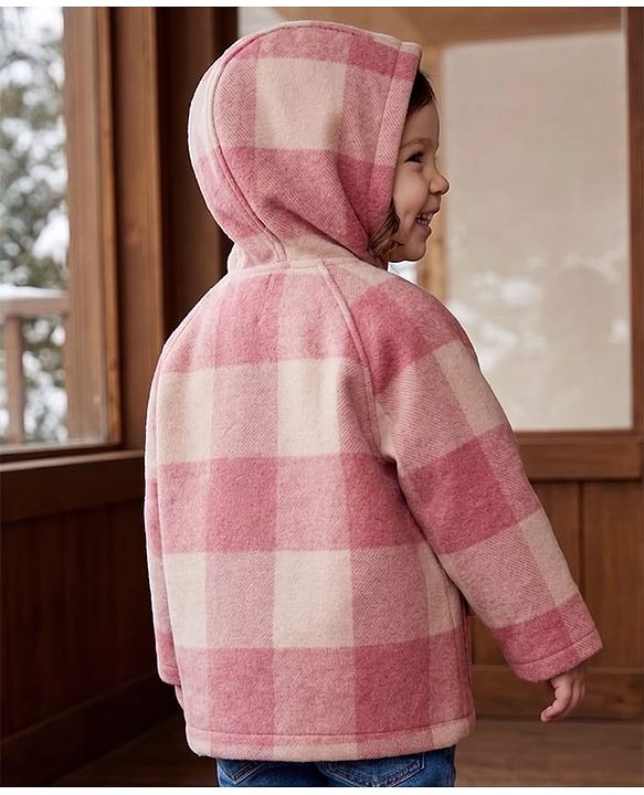 Babyhug Suede Woven Checked Hooded Jacket with Full Sleeves - Pink