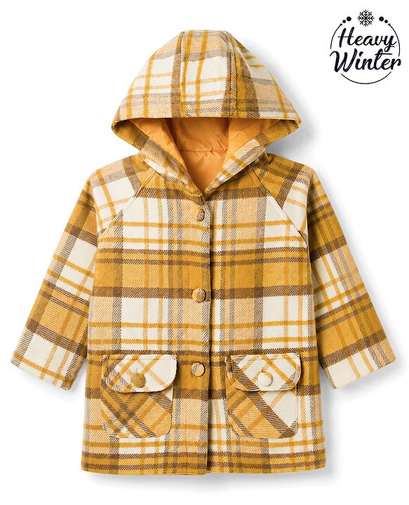 Babyhug Suede Woven Hooded Jacket with Full Sleeves and Checks Print - Yellow