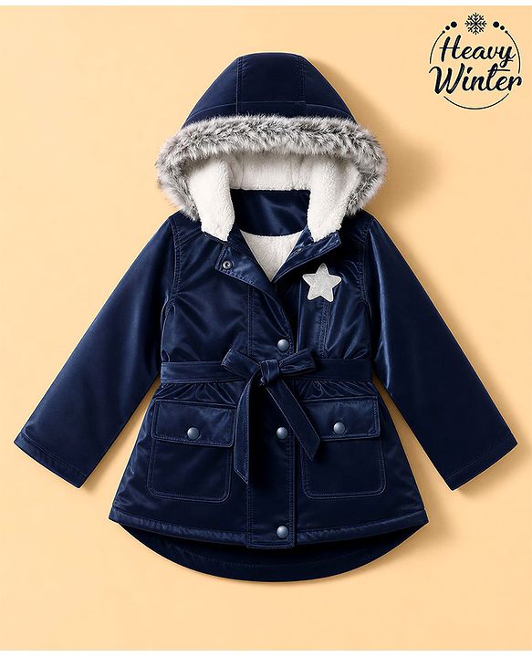 Babyhug Woven Hooded Jacket with Full Sleeves and Star Patch in Navy Blue for 2-3 Years