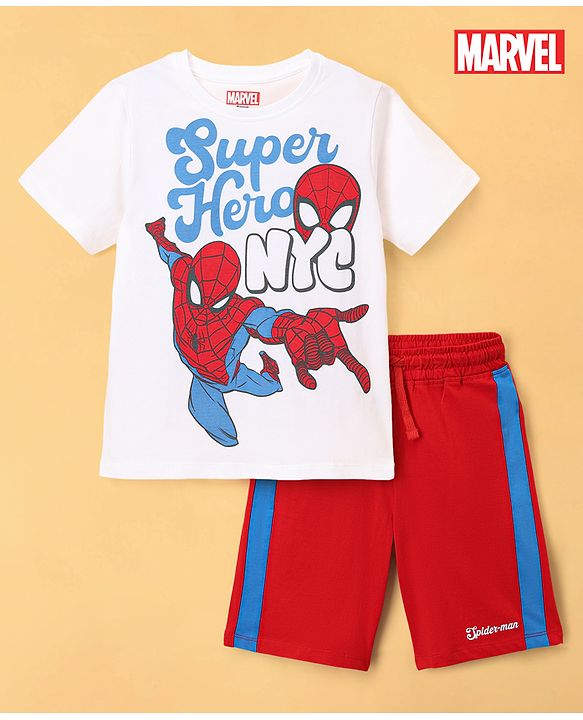 Pine Kids Marvel Single Jersey Knit Half Sleeves T-Shirt & Shorts Night Suit with Spider-man Print - White