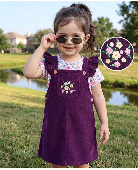 Babyhug  Woven Half Sleeves Floral Printed & Embroidered Corduroy Frock With Inner Tee - Purple
