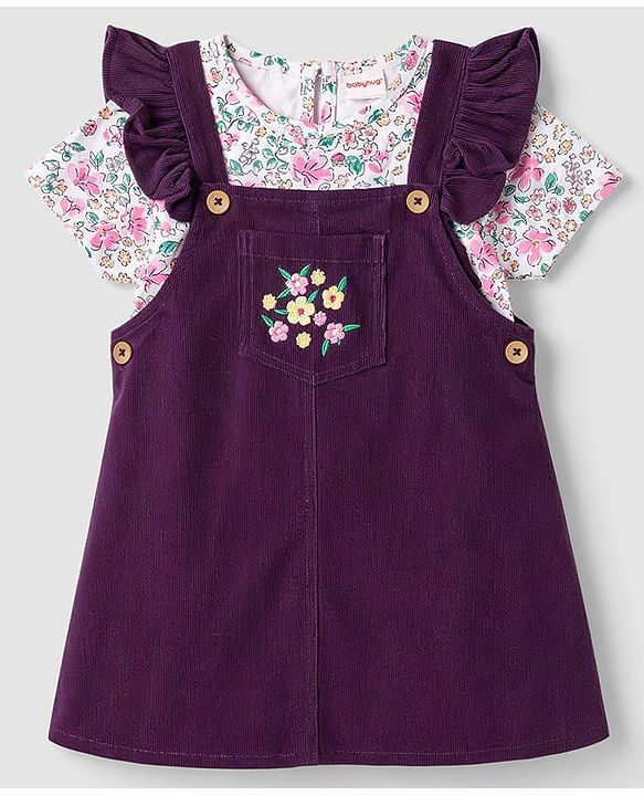 Babyhug  Woven Half Sleeves Floral Printed & Embroidered Corduroy Frock With Inner Tee - Purple