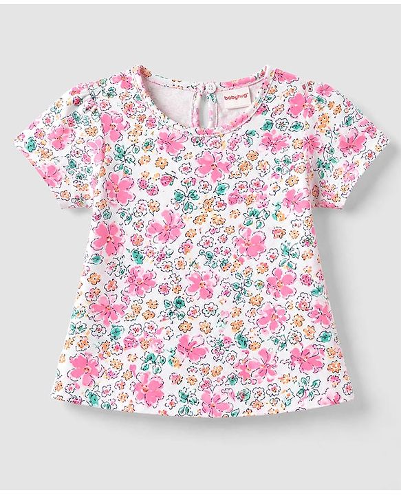 Babyhug  Woven Half Sleeves Floral Printed & Embroidered Corduroy Frock With Inner Tee - Purple