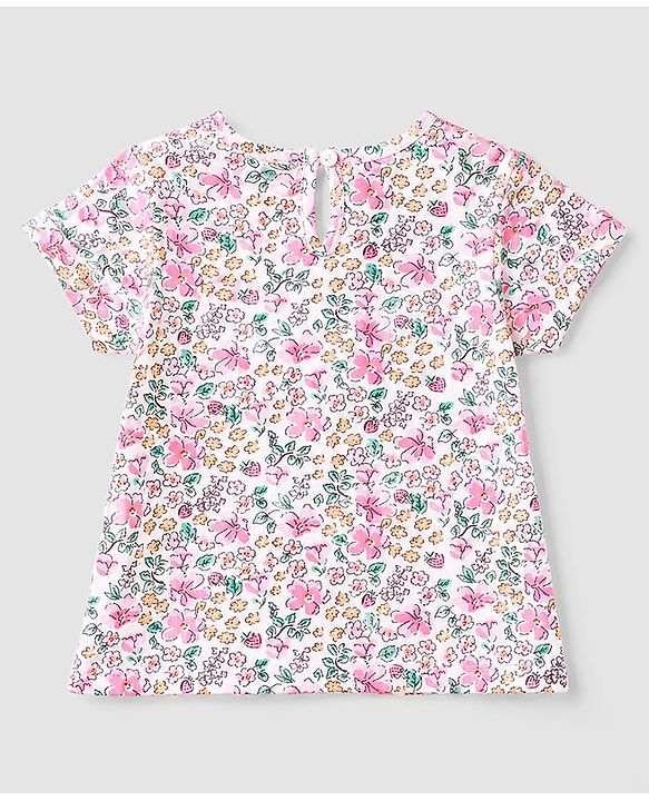 Babyhug  Woven Half Sleeves Floral Printed & Embroidered Corduroy Frock With Inner Tee - Purple