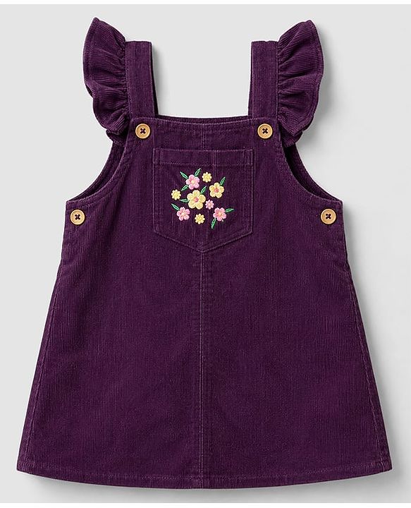 Babyhug  Woven Half Sleeves Floral Printed & Embroidered Corduroy Frock With Inner Tee - Purple
