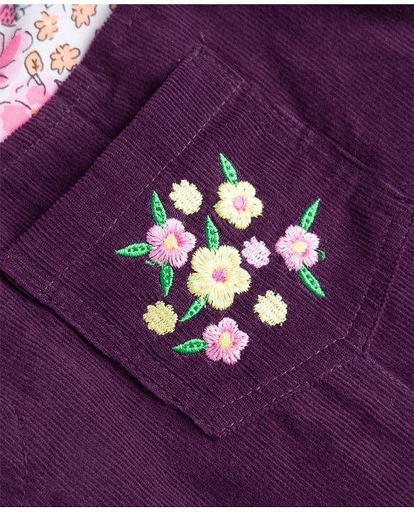 Babyhug  Woven Half Sleeves Floral Printed & Embroidered Corduroy Frock With Inner Tee - Purple