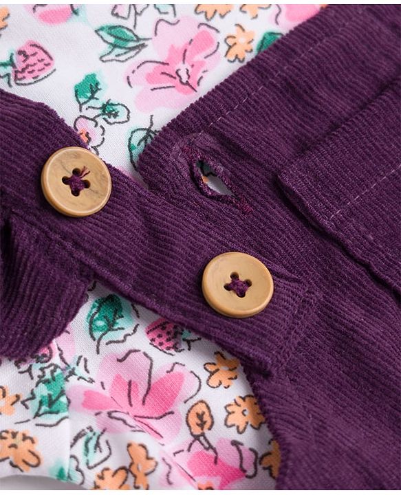 Babyhug  Woven Half Sleeves Floral Printed & Embroidered Corduroy Frock With Inner Tee - Purple