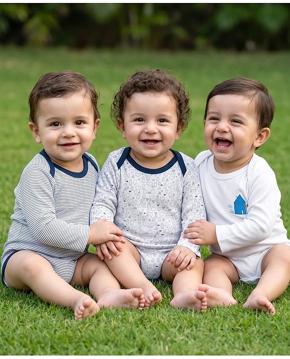 Babyhug 100% Cotton Knit Full Sleeves Striped & Printed Onesies Pack of 3 - Navy Blue & White