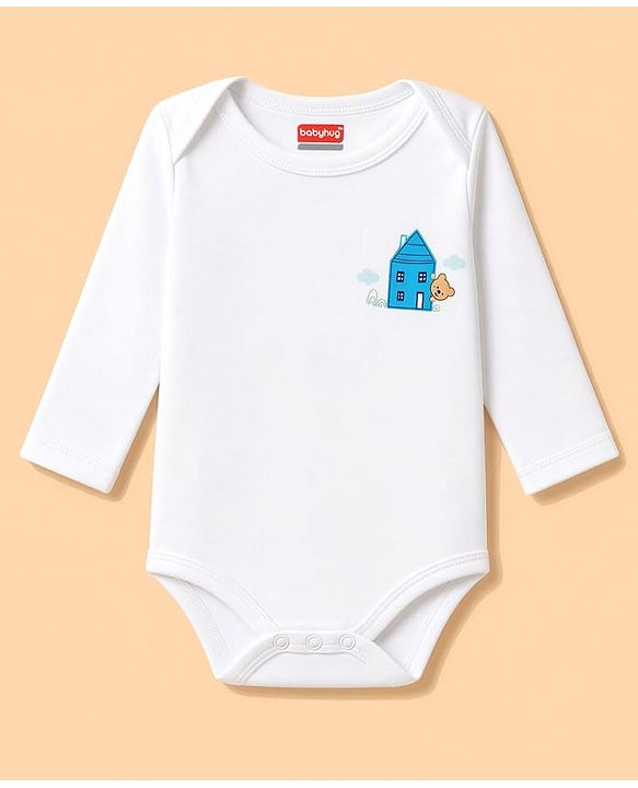 Babyhug 100% Cotton Knit Full Sleeves Striped & Printed Onesies Pack of 3 - Navy Blue & White