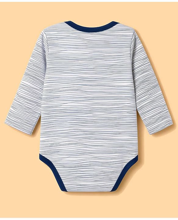 Babyhug 100% Cotton Knit Full Sleeves Striped & Printed Onesies Pack of 3 - Navy Blue & White