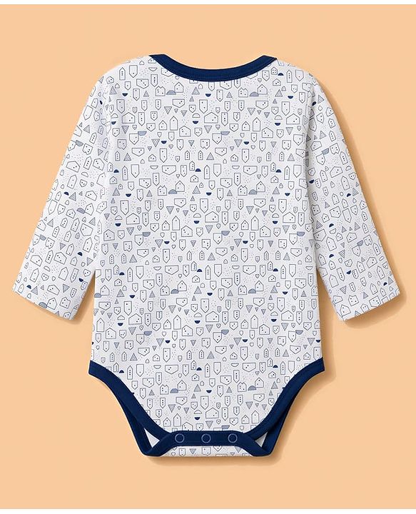 Babyhug 100% Cotton Knit Full Sleeves Striped & Printed Onesies Pack of 3 - Navy Blue & White