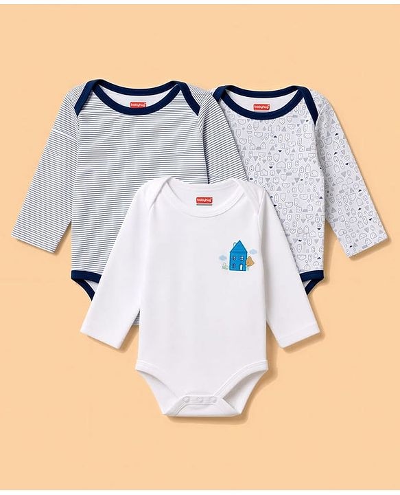 Babyhug 100% Cotton Knit Full Sleeves Striped & Printed Onesies Pack of 3 - Navy Blue & White