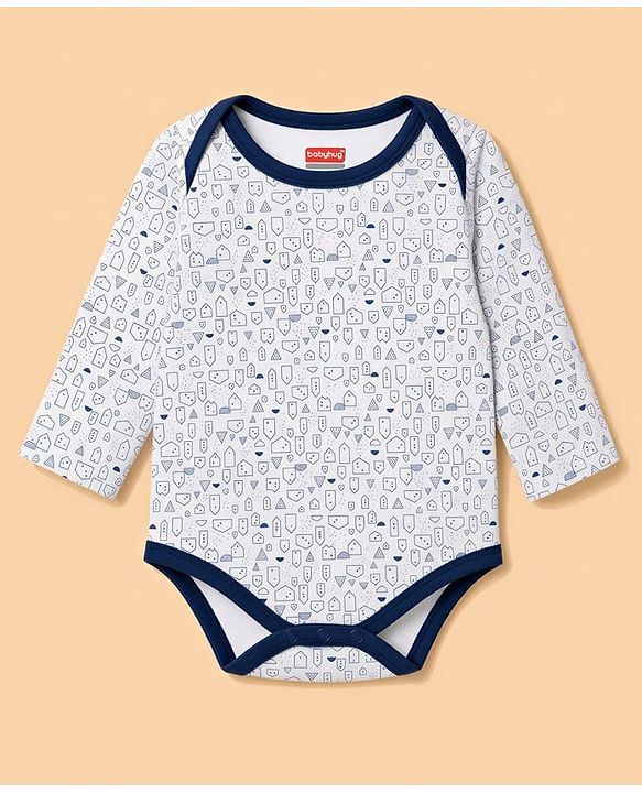 Babyhug 100% Cotton Knit Full Sleeves Striped & Printed Onesies Pack of 3 - Navy Blue & White
