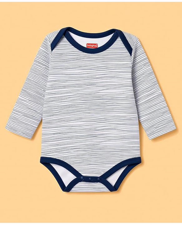 Babyhug 100% Cotton Knit Full Sleeves Striped & Printed Onesies Pack of 3 - Navy Blue & White