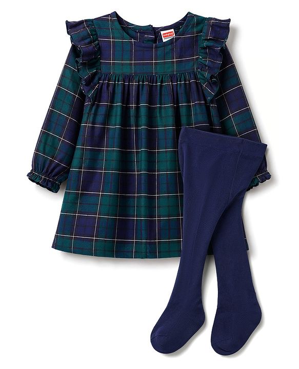 Babyhug Viscose Woven Full Sleeves Checked Frock with Leggings - Navy Blue